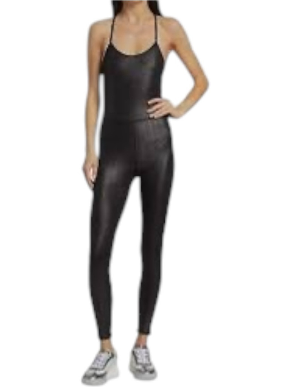 Terez Black Metallic Crossover Halter Jumpsuit Shiny catsuit Festival Bodysuit